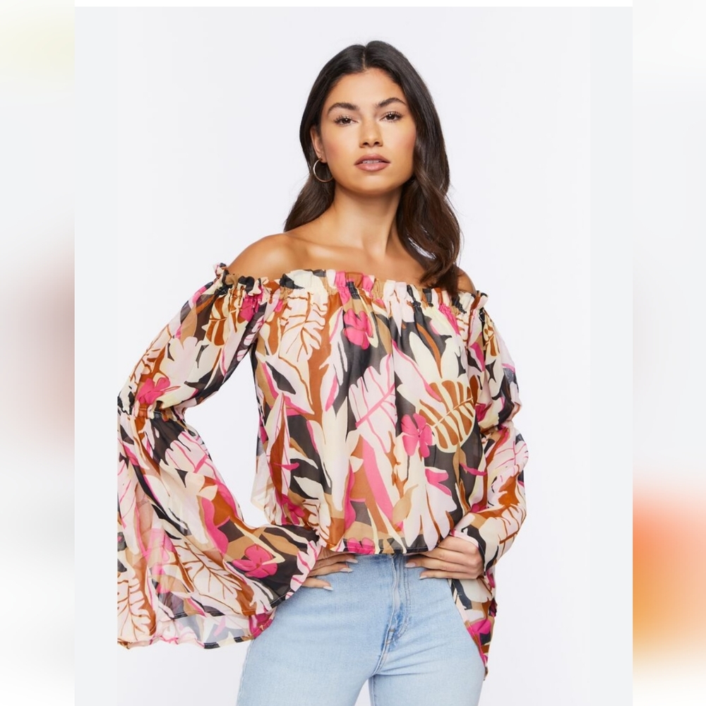 Forever 21 Womens Tropical Print Off-the-Shoulder Top Medium EUC
